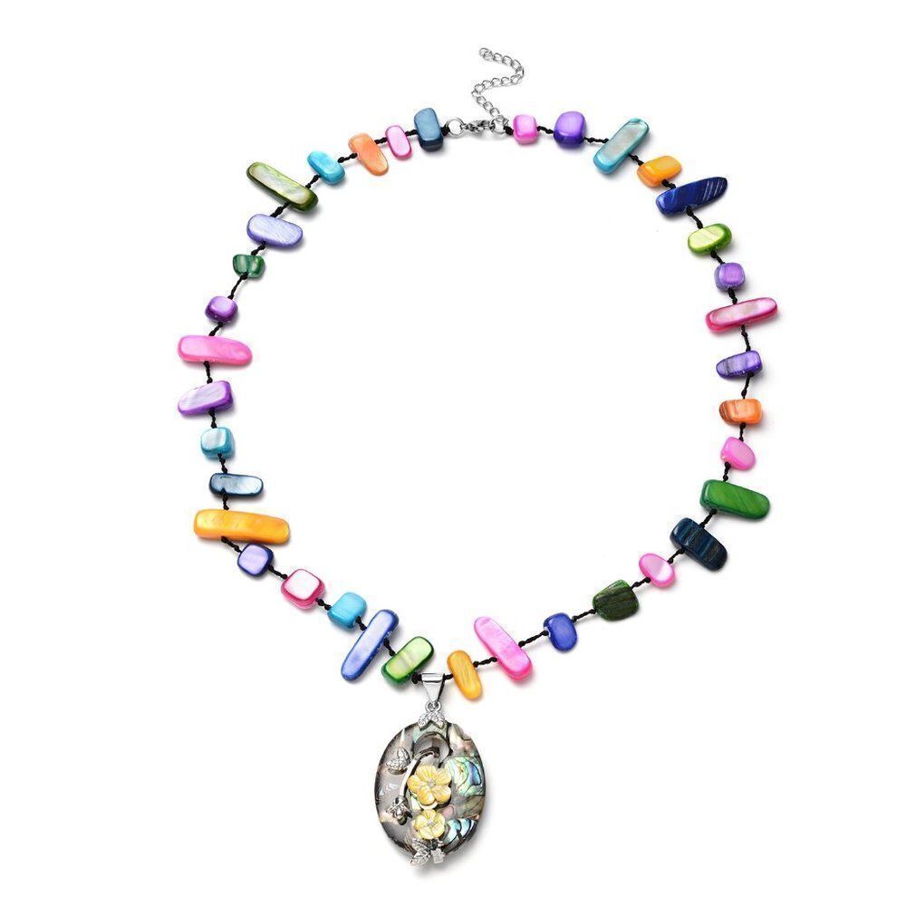 Abalone Shell and Multi Gemstone Necklace 20 Inches in Silvertone